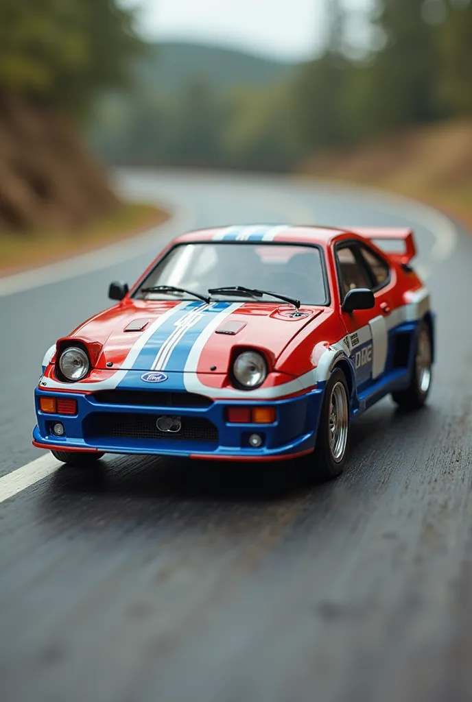 An incredibly detailed miniature model of a Ford RS200 in full acceleration, capturing the essence of speed and exclusivity. The car is depicted with dynamic motion blur to emphasize its powerful acceleration, while the background shows a slightly blurred ...