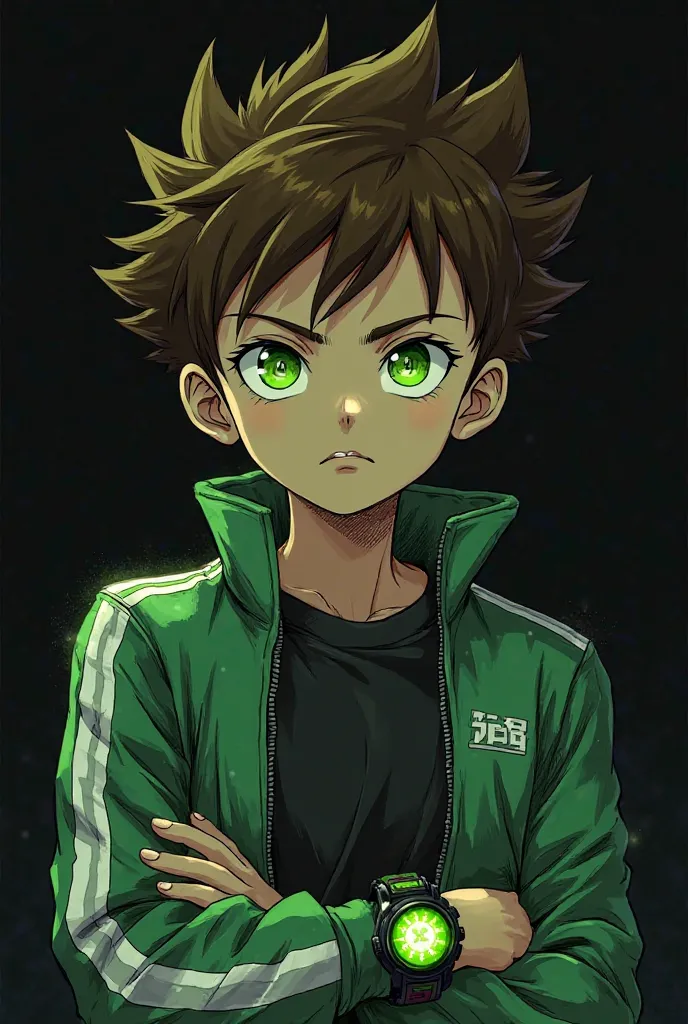 Prompt:
"A highly detailed anime portrait of a age boy with spiky brown hair like Ben 10, glowing green eyes, and wearing a green jacket with white stripes over a black shirt. On his wrist, he has a large futuristic alien watch (Ultimatrix) glowing green. ...