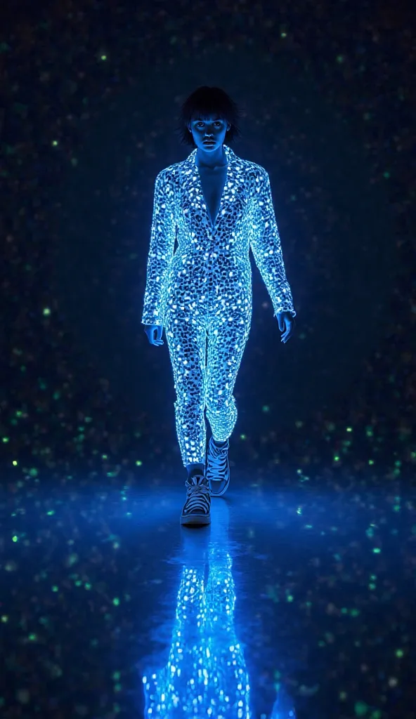 The image has a striking and vivid depiction of a woman . the woman is shown walking towards the viewer, with its gaze intently directed towards the front. the woman is illuminated with brilliant neon blue light, gives a brilliant appearance, surreal. Set ...