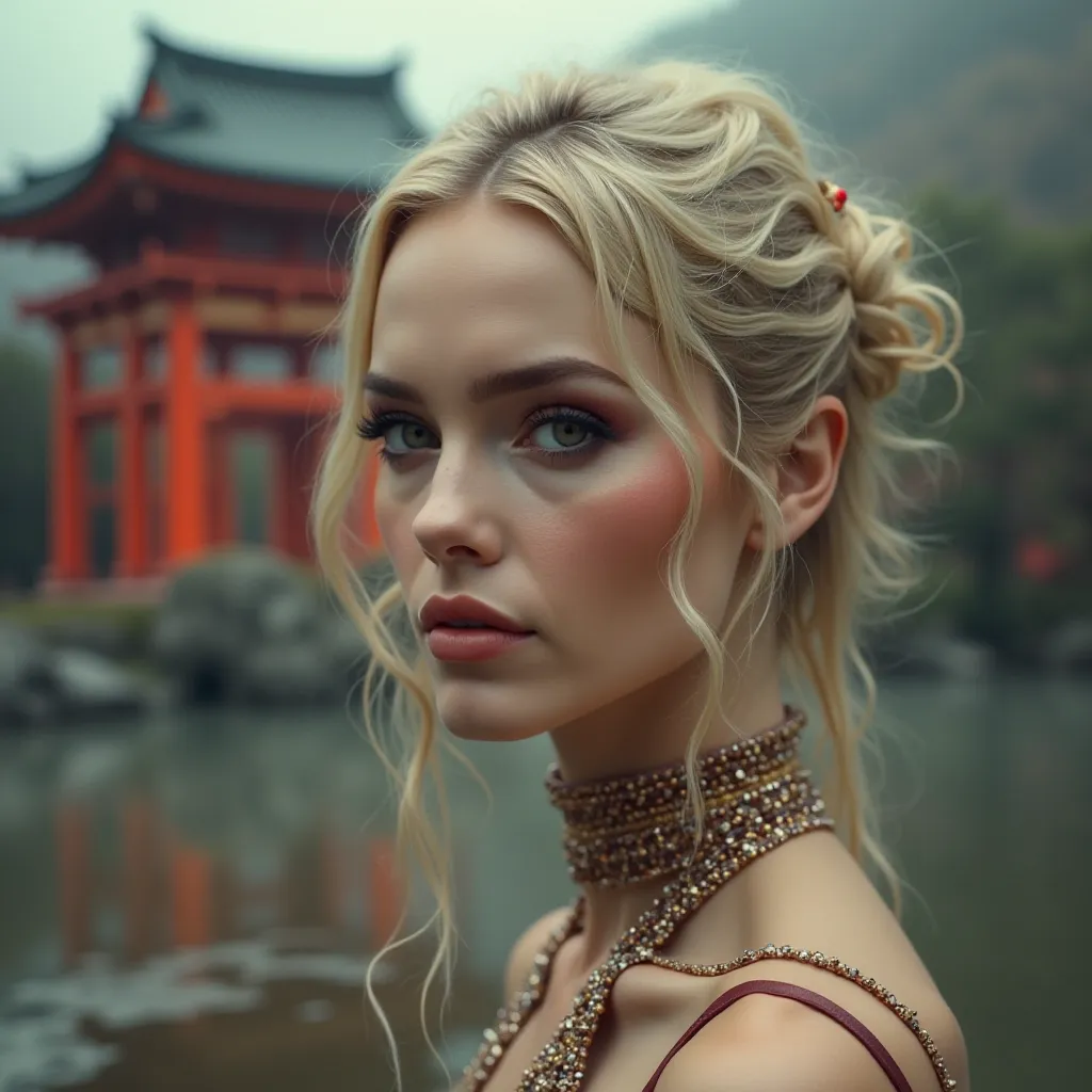 Woman wearing very sexy makeup string with all four legs blonde with zen red temple background at the back 