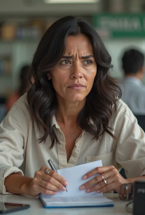 Photograph of a Costa Rican woman,  between 30 and 40 years old , doing a bank transaction, with a tone of concern 