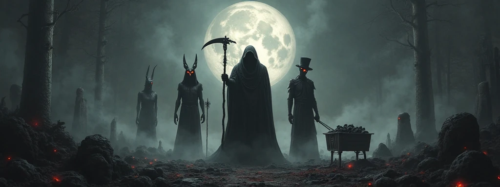 "A dark, foreboding landscape with an ominous, mystical aura. In the center, a figure representing Death itself stands cloaked in shadows, holding a scythe, its skeletal face barely visible beneath a hood. To the left, the jackal-headed Anubis from Egyptia...