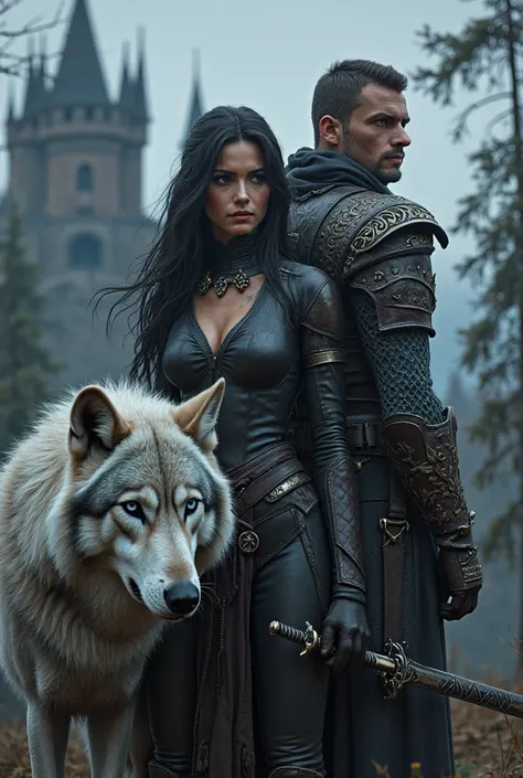 Generate a Realistic , photography , eye level view image of a very beautiful girl wearing a very sexy body armor. But her breast are not exposed. She has beautiful long black and silver hair color.  A very silver wolf with blue eyes is standing Next to he...