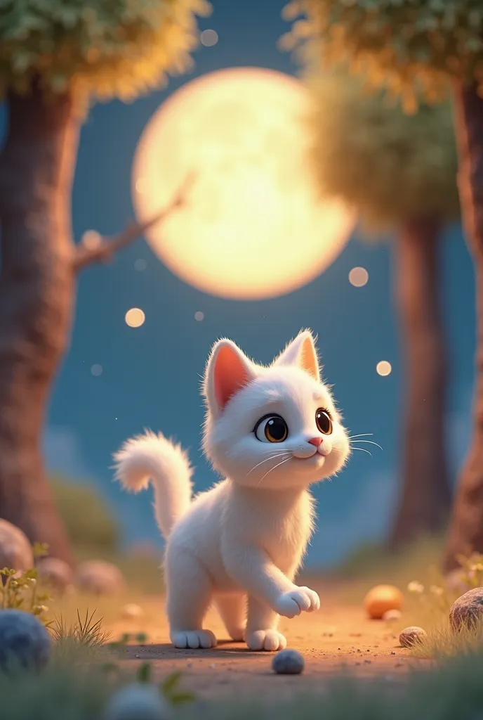 make me a cute white cat character for s picture story with 3d life design,scene of Paw Paw walking slowly back to his tree. The moon shines brightly, lighting his path gently.