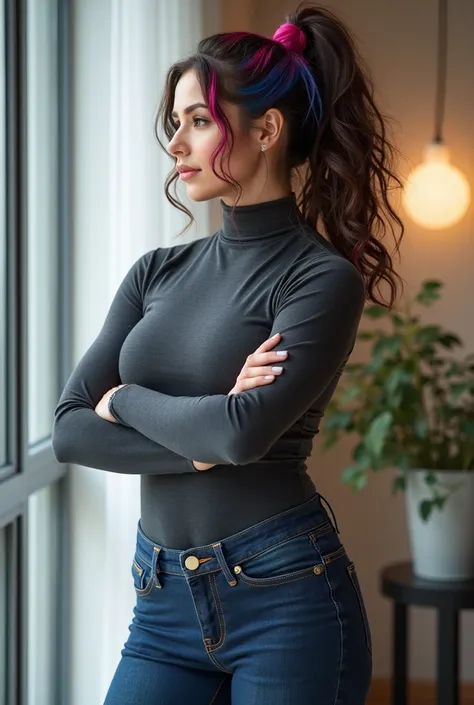 (highly detailed) front image of Caucasian Lindsey Strutt is wearing a dark grey turtleneck jumper and a very tight pair of navy jeans she has an amazing ass Brazilian butt lift she has brown messy very curly hair with a high ponytail ((lots of pink and bl...