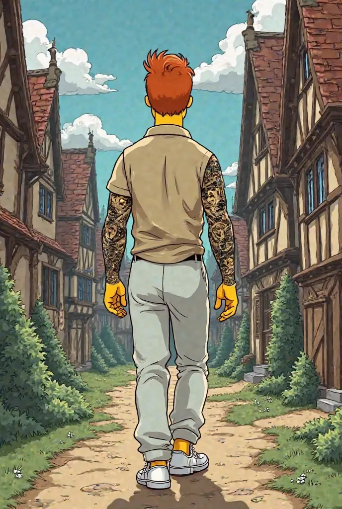 Simpsons style poster of a 24-year-old man with a slim physique, Red-haired man with butt, With an arm all tattooed with lion families in black and white, and wearing a beige shirt with a collar and loose white pants with white sneakers walking through a m...