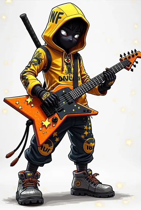 Ninja rocker-inspired character with an electric guitar with twinkling and glowing star effects, a star in the middle of the guitar, a ninja costume with a ninja hoodie with a dragon drawn on the hood, And a name spelled WF.
Spiked metal shoes on the shoes...