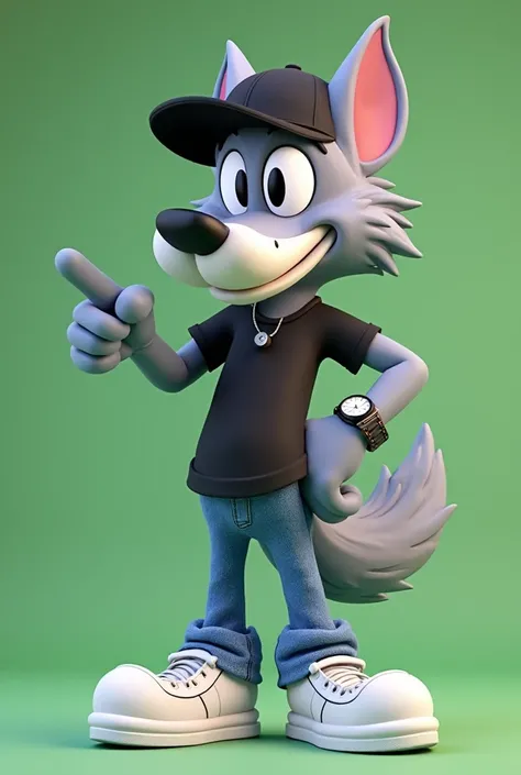 3D cartoon character of Tex Avery as the wolf Slick or Mclobo from Droopy D. Grey-blue fur. big eyes.  long snout. mischievous smile. with black t-shirt,  black cap and blue jeans . Points to the left. Smartwatch watch on the wrist. Giant white sneakers. p...