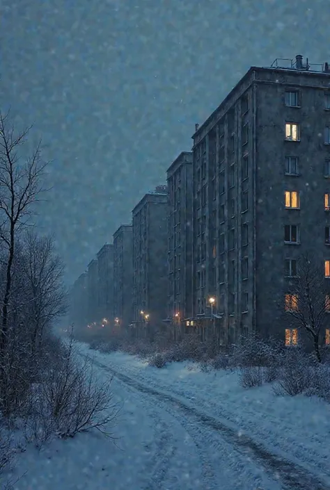 Five-story panel houses in winter. Cold blue colors. Night. Russia.