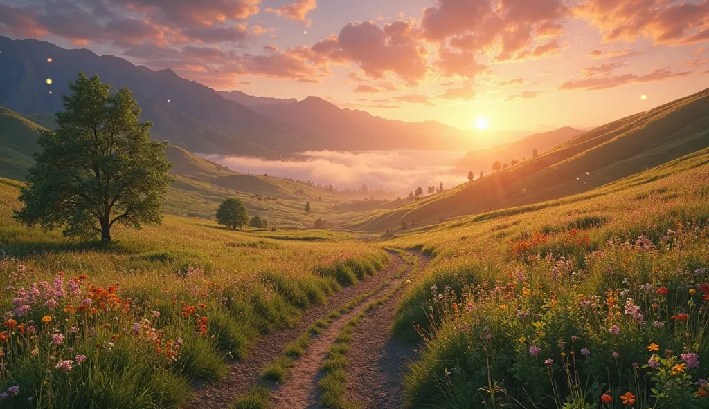 "A mesmerizing, ultra-realistic landscape at sunrise, capturing a breathtaking valley filled with vibrant wildflowers. The golden morning light bathes the rolling green hills, creating a warm and peaceful glow. A winding dirt path cuts through the colorful...