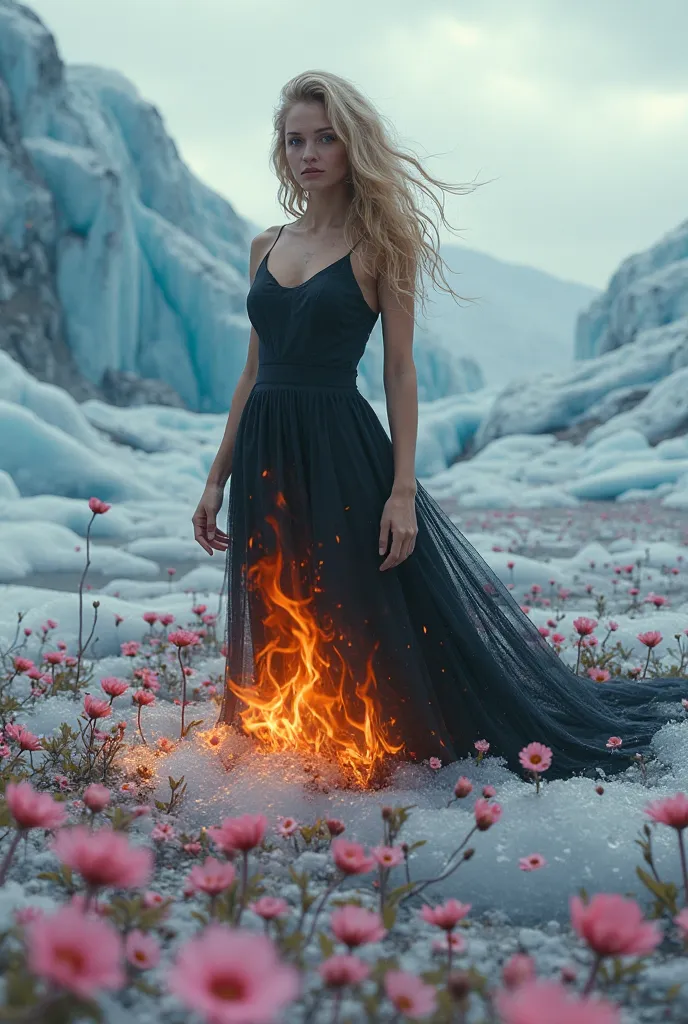 Glaciers,  that melt . Lots of pink flowers on the front. Girl on fire comes out of the ice. Golden hair and black burning dress