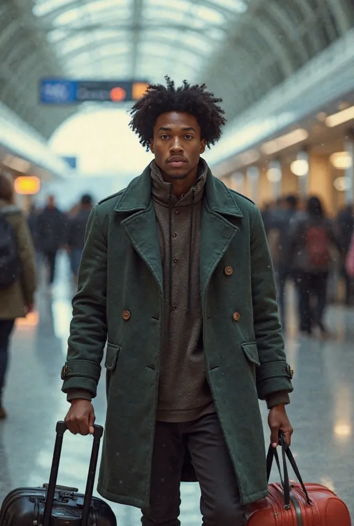 19-year-old curly-haired black boy in Monique's Bayern coat at the airport, with a, Some suitcases in his hand