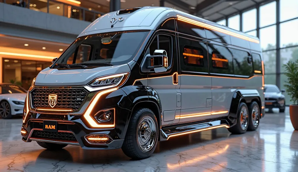 Create an ultra-detailed 3D render of a futuristic luxury RAM  Motorhome Camper VAN 6x6 designed for 2035, showcasing a bold and aerodynamic front left side design. The side features a seamless integration of sleek LED light strips and a glowing ‘RAM  logo...