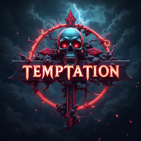  Guild logo with a prominent name “TEMPTATION ”, with waves, lightning and wind and realistic letters neon highlighted with a skull and a cross. Using blood red as an accent color
