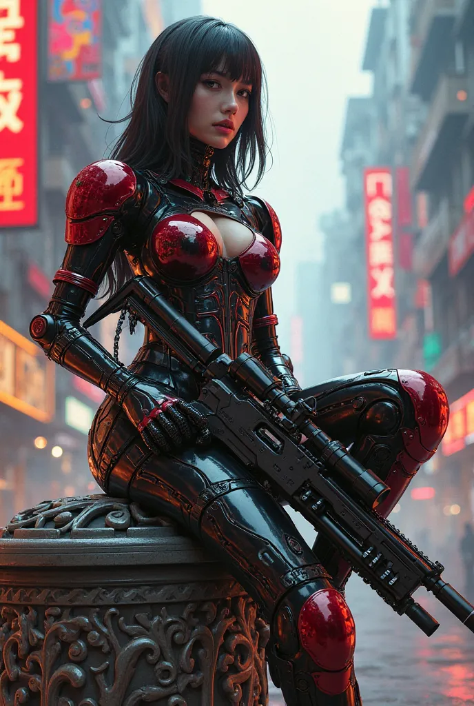 Background pusat kota japanbeautiful cyborg woman,Mecha Cyborg Girl,Battle Mode,Girl with a Mecha Body, sexy big breast up ,She wears a advance electro galaxy Gundam black red metalic glossy mecha,Fulll body Shot sit on ornamen and hold snaper shr, backgro...