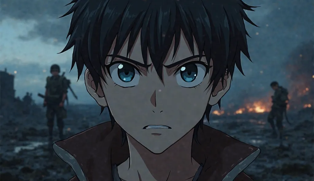 On a dark battlefield, a close-up of the face of a boy named Kai with black hair and blue eyes with serious features and a strict expression. In the style of the anime world,
