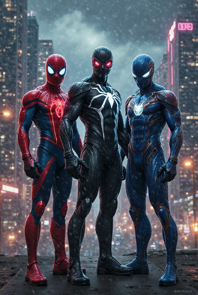 "A powerful superhero trio in futuristic armored suits, inspired by a spider-themed warrior, a dark symbiote-like creature, and a patriotic super-soldier. They stand together in a dramatic cityscape at night, with glowing lights reflecting off their high-t...