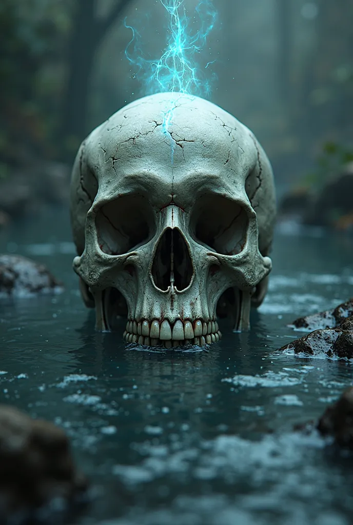 Realistic image of a macabre skull in water with energy rays through the skull 