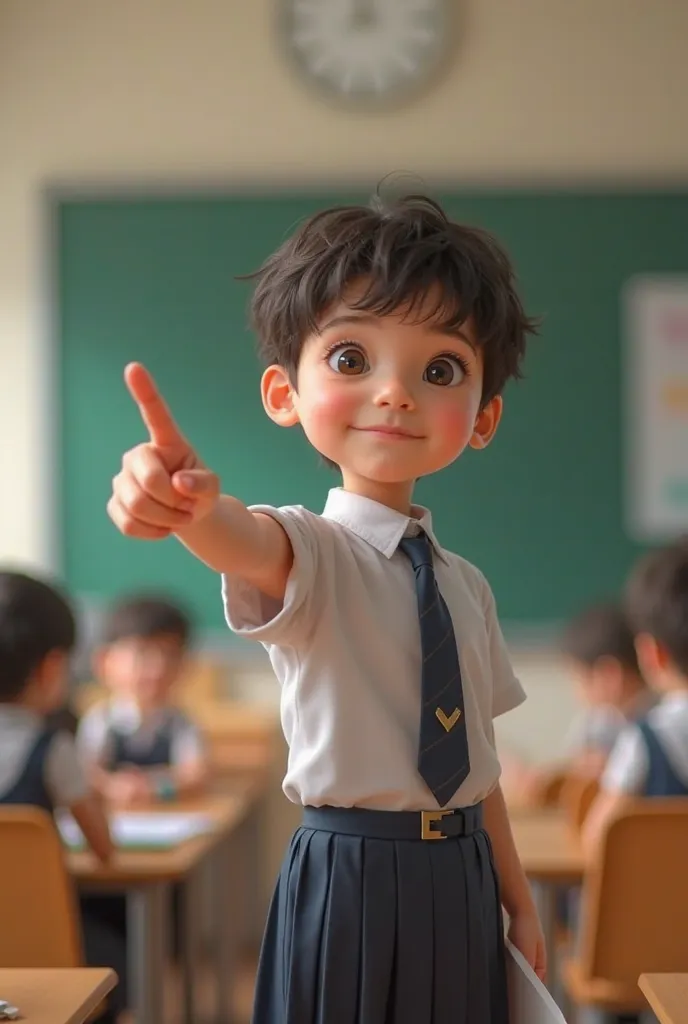 A school student points to the left with his finger