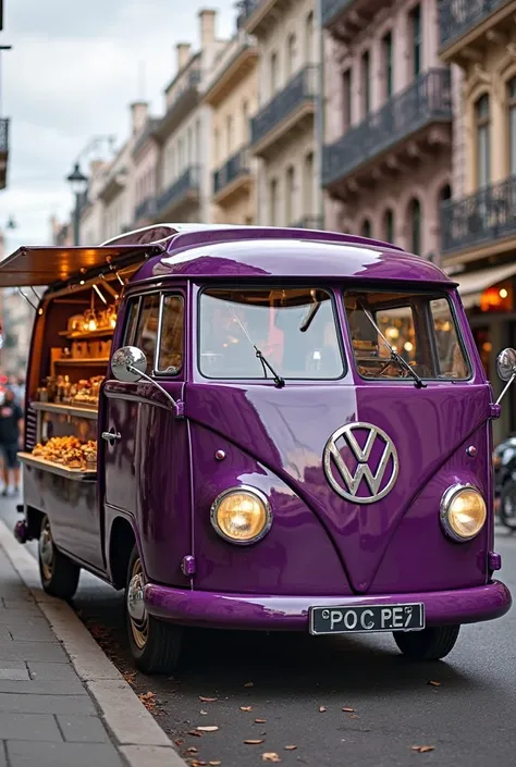 Volkswagen food truck style coffee truck combi in purple, Also show me the interior 