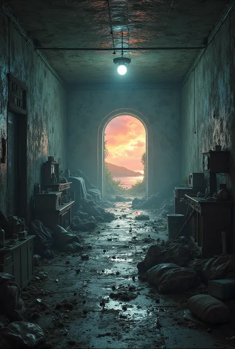 A dark, filthy cluttered smelly basement in the world of Dystopia, where rats and cockroaches run. Gray muted tones,  twilight. There is a lonely dim light on the ceiling. On the far wall there is a fantastic portal to the world of Utopia, where everything...