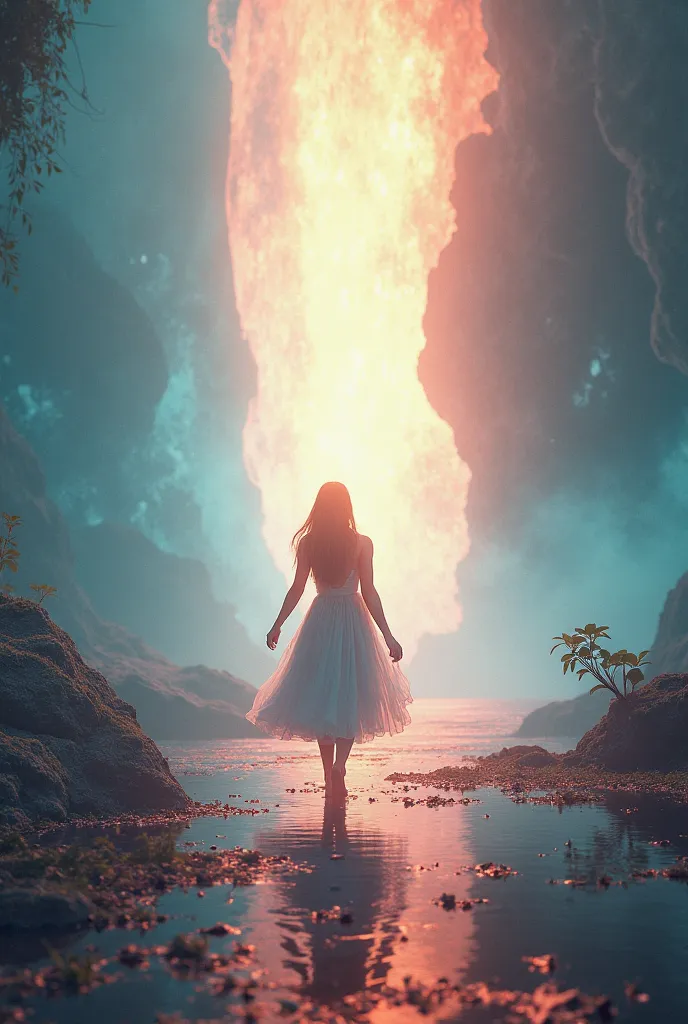 1person, walking towards an intense heavenly light, strong glow that hides the horizon, mystical atmosphere, surreal paradise, vibrant colors, dramatic contrast, character with his own soft aura, detailed silhouette, ethereal background, fantastic realisti...