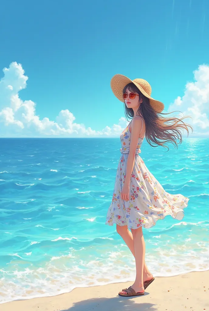 create an image of a  girl, next to the sea, in summer,  dressed in a floral dress,  sandals,  a hat and sunglasses