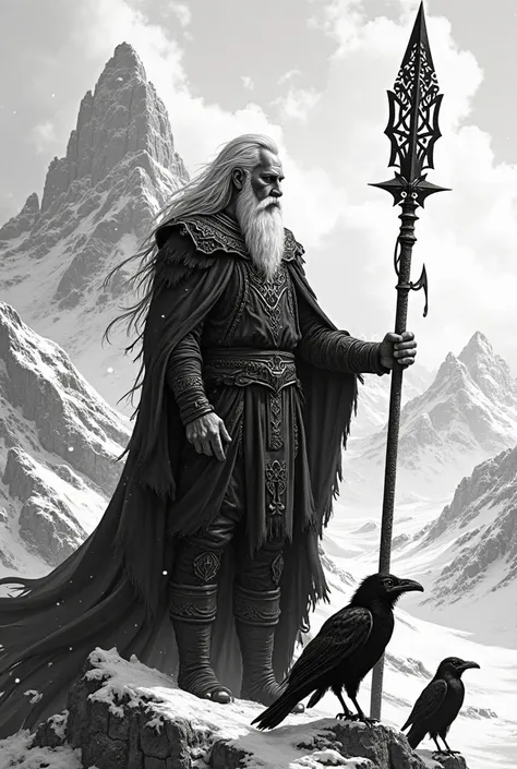 Black and white outline in the style of Old Norse runic images, depicting Odin with one eye, pose with a Gungnir spear and two crows (Hugin & Munin), standing in a majestic