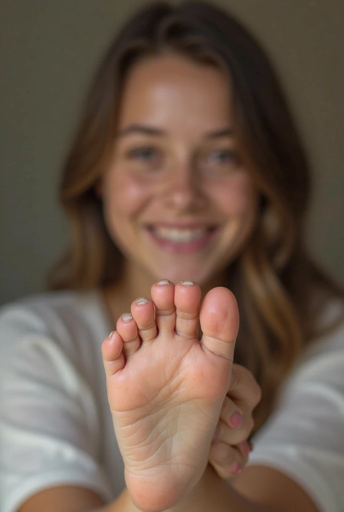 An image of a female sole of one foot of a 16-year-old girl in the background smiling