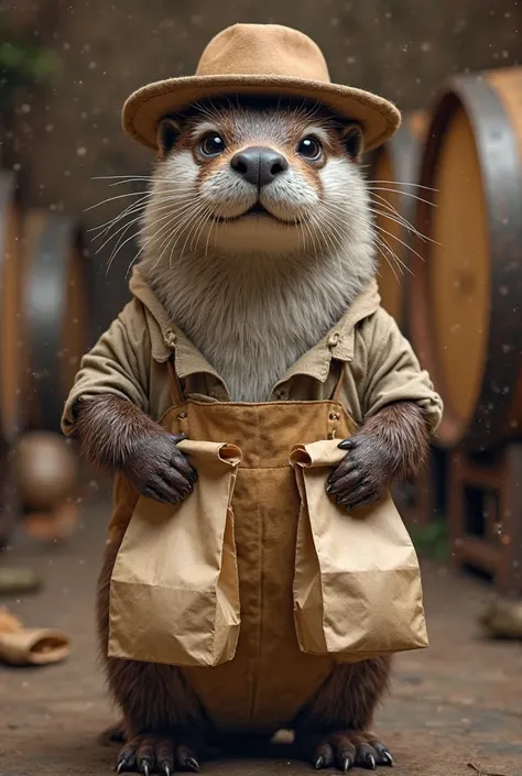 An otter with a beard and hat, that holds 2 bags of milk and winemaker's clothes in its hands