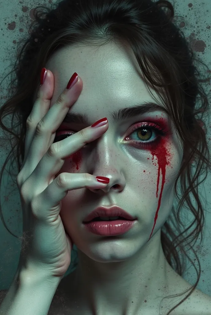 A young woman with striking features covers her left eye with her hand, her expression one of intense contemplation and defiance. Her face is rendered in a dark, monochromatic palette with hints of red bleeding through her fingers and around her eyes, givi...