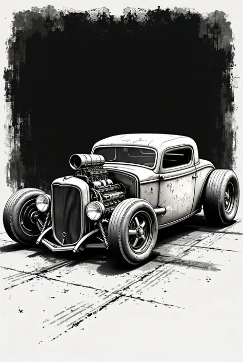 line drawing of a Ford 37 rat rod, with super charger. distressed border color with black rockabilly style background seen from the side, from below