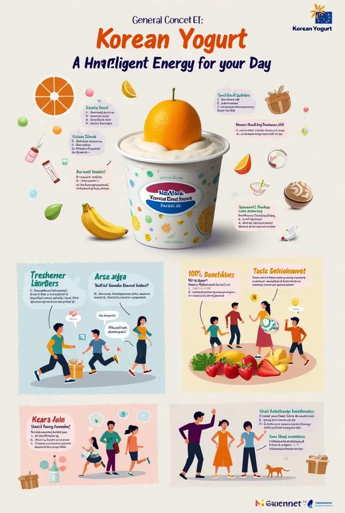 

General Concept: "Korean Yogurt: Intelligent Energy for your Day"

Intelligence Breakdown:

Musical Auditory Intelligence:
A short and catchy jingle with modern and energetic K-Pop melody.
Bubble sounds or "pop" subtle when you open the yogurt, evoking f...