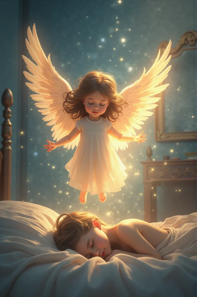 4. Guardian angel protecting sleep:
"A  sleeping peacefully in her bed, while a bright angel with outstretched wings protects her. The room is illuminated by a soft heavenly light, Conveying peace and security."
