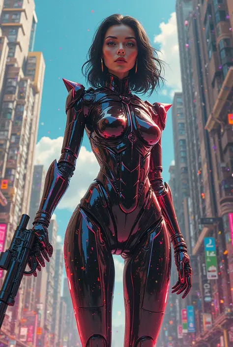 Studio Ghibli style Background langit indah berpadu dengan warna, gedung tinggi,urban, ,beautiful cyborg woman,Mecha Cyborg Girl,Battle Mode,Girl with a Mecha Body, sexy big breast up ,She wears a advance electro galaxy Gundam black red metalic glossy mech...