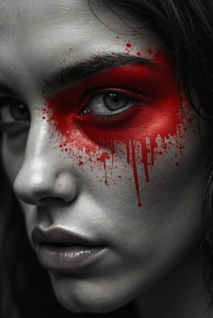 Young woman portrait, eye covered in red, digital mixed media style, strip painting technique, monochrome color scheme, dark palette, aestheticized violence elements, split toning for dramatic effect, distorted form, high detail, intense emotion, edgy and ...