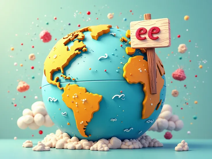 Map of the world in 3D cartoon and a sign that says EE appears on the North American continent.UU