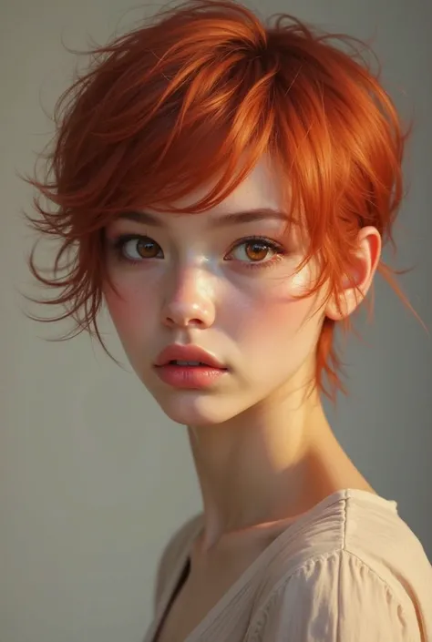 Create a woman with short red hair , brown-eyed eyes, pink mouth and thin nose 