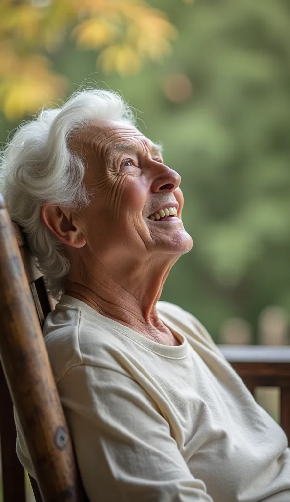 A white-haired man or lady, sitting in a rocking chair.

looking up at the sky, with a serene expression filled with gratitude.

The gentle wind shaking the trees in the background.
