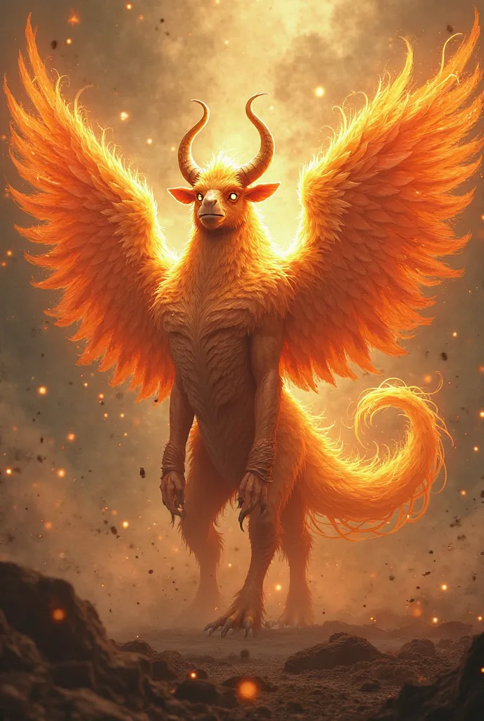 Create a hybrid between a Phoenix and a Minotaur Shining and powerful 