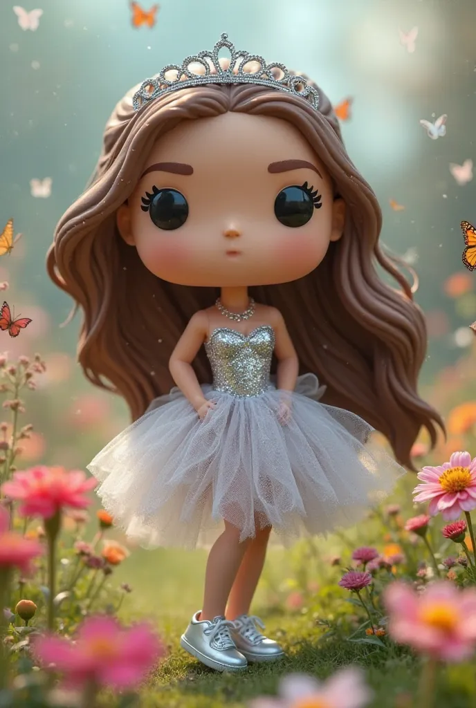 Create Funko Pop, In 3D women over 100 kilos fair skin, Long straight hair flying in the wind in brown color and silver tiara.  Funko pop with a baby-silver dress with many layers of sheer tulle with glitter. style using silver sneakers.
 colorful garden b...