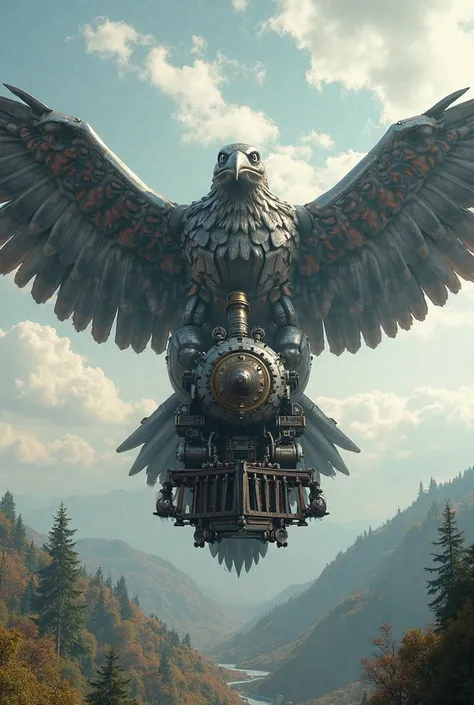 Old train being carried by a giant robotic eagle seen from the front