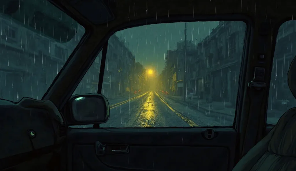 Anime style illustration of a "A first-person perspective (POV) from inside a dimly lit taxi at night. The viewer's hand is shown gripping the taxi door handle, pushing it open. The door is slightly ajar, revealing the eerie, misty street outside. The yell...