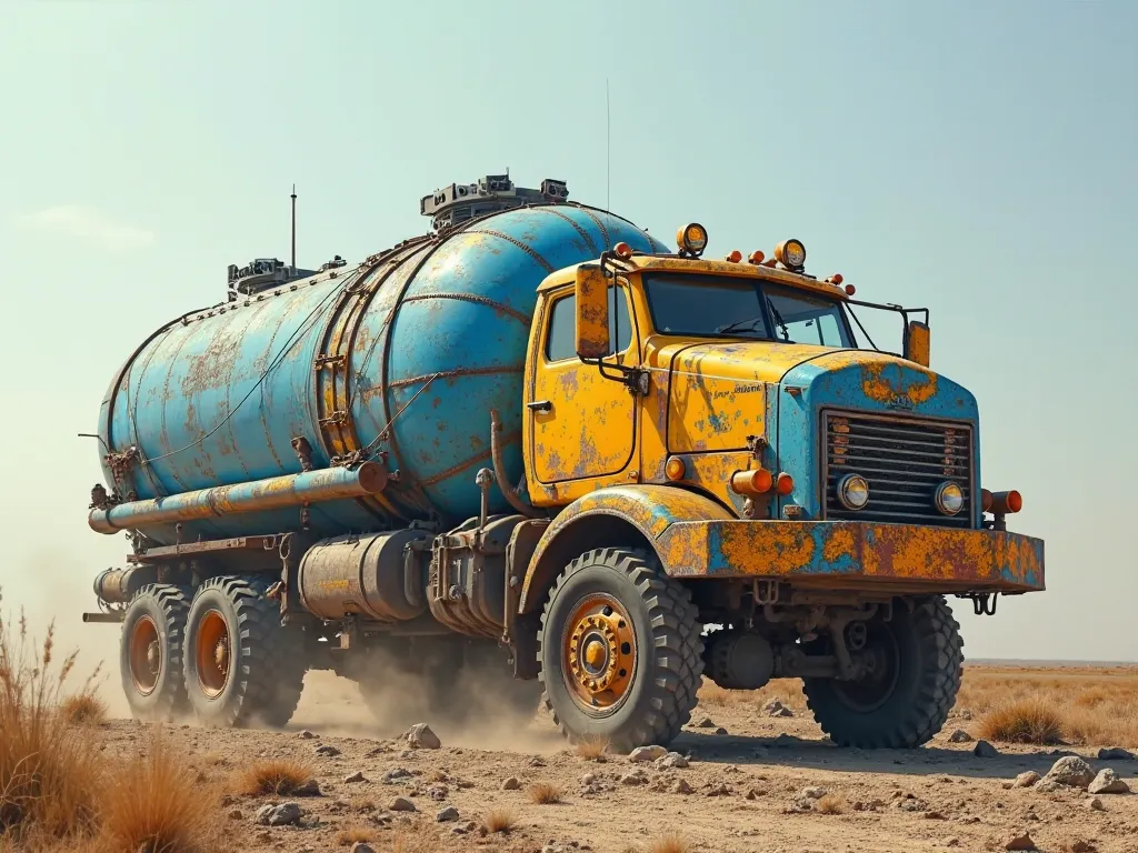 A tardigrade in the shape of a heavily armed truck in a plain setting ravaged by war ; It is made of a shiny metallic material, mixing the colors azure blue, jaune tournesol, blanc, or, silver, copper 