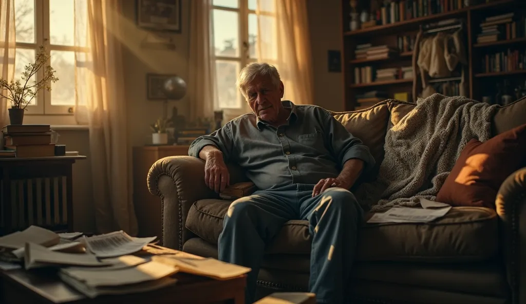 Create an image of a sorrowful man sitting on his couch, surrounded by unopened mail, an old sweater of his late wife draped over the sofa, the golden evening light casting nostalgic hues across the cluttered room, aspect ratio 16:9