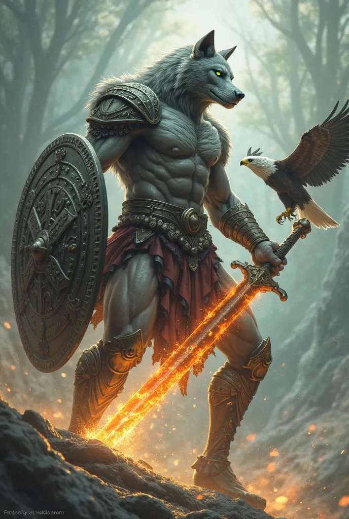 Create full-body image of a gray wolf in human form ,  with green eyes , with a flaming sword in his right hand and a shield in his left hand , and an eagle right in front of you 