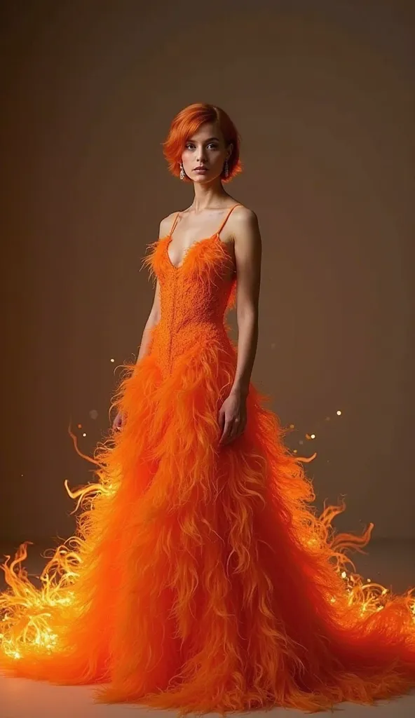 

A young woman, likely of Caucasian ethnicity, is centrally positioned in a full shot. She is posing in a dramatic, fiery orange dress made of feathery material, embellished with a visible fiery effect, that cascades down to the floor. The dress is a deep...