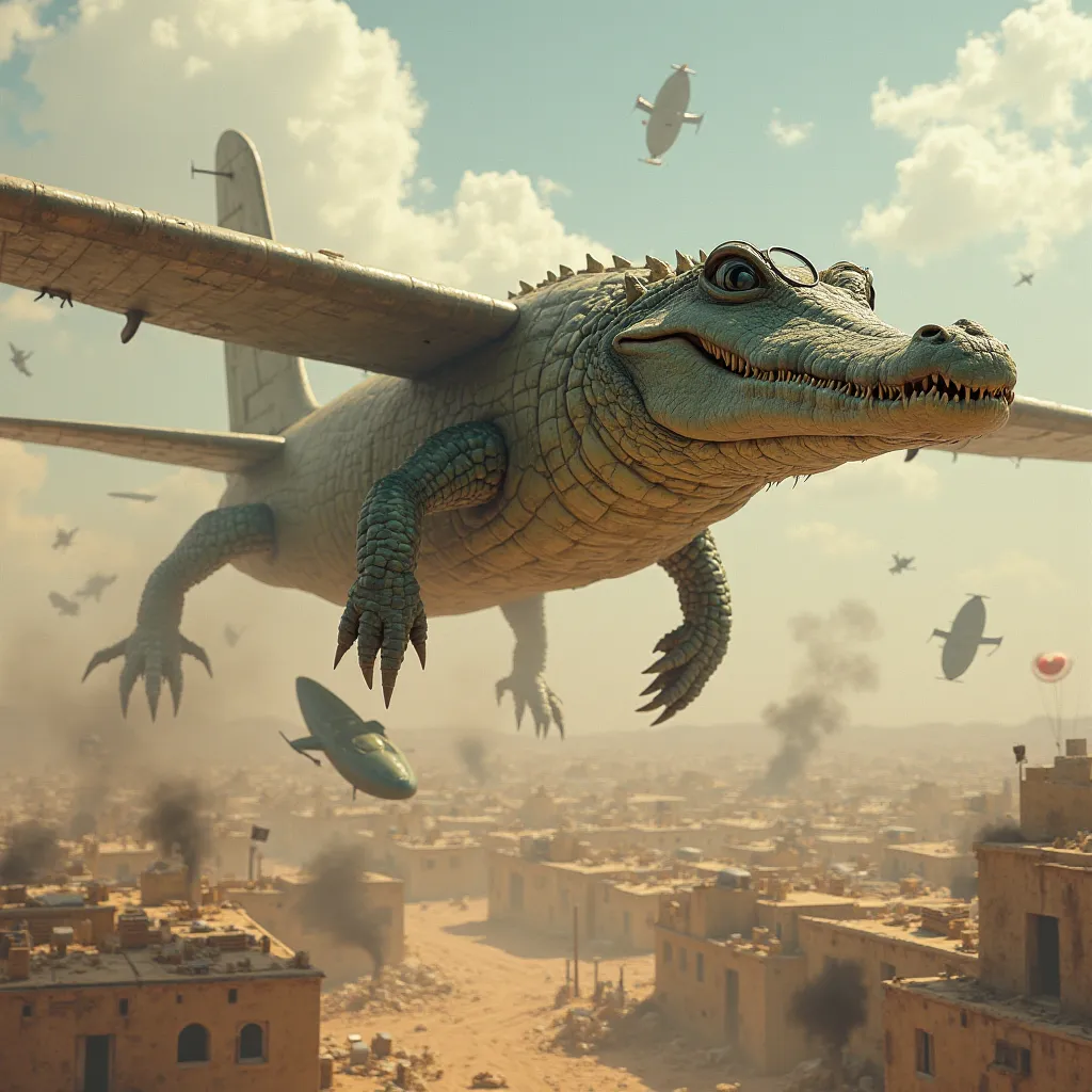 You can create an image of an airplane with a crocodile's head and glasses and legs close to the wings of the plane and below you can see a desert town that is throwing bombs