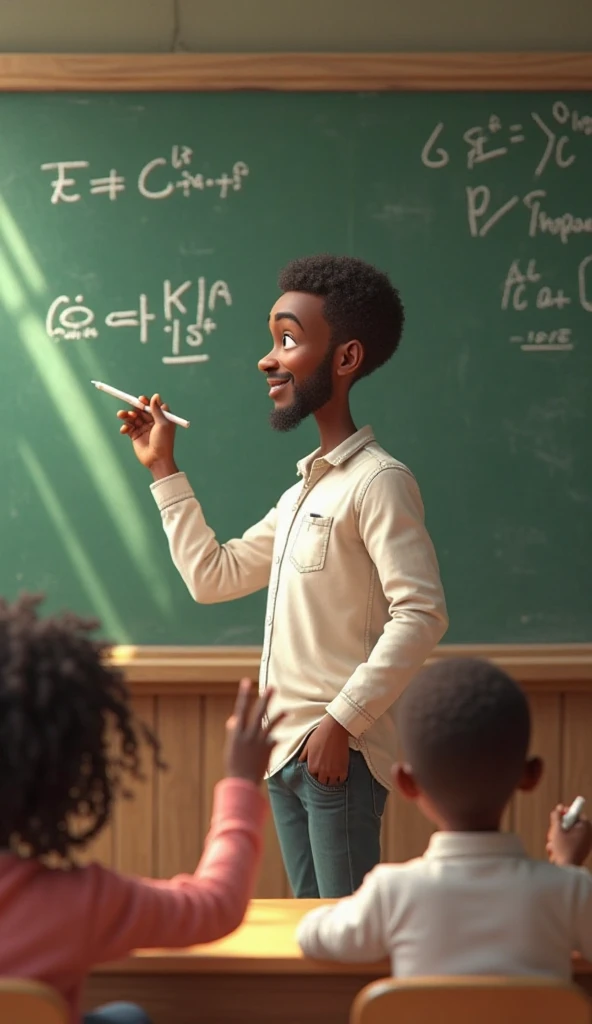 image 2 :
Le même enseignant africain en chemise blanc écrit une équation mathématique avec une craie blanche sur le tableau vert. Son visage est concentré, un léger sourire d’encouragement. Derrière lui, des élèves prennent des notes avec enthousiasme, ce...