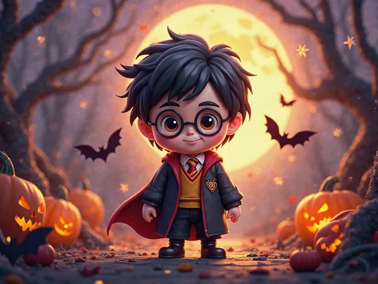 Create an extremely detailed poster of Harry Potter Mignon. dans un style Disney 4D. 
Harry Potter and Halloween theme